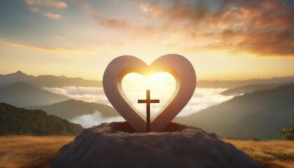 easter and good friday concept heart shaped empty tomb with cross on mountain sunrise background generative ai