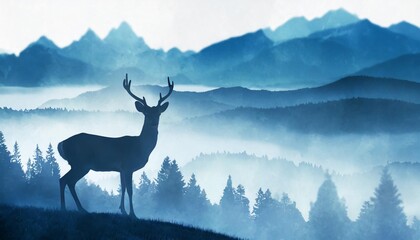 horizontal banner silhouette of deer doe fawn standing on hill forest and mountains in background magical misty landscape fog blue and gray illustration bookmark