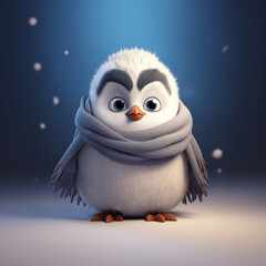 Obraz premium Cute cartoon penguin with a red scarf and a hat on light background. Christmas illustration in 3D style. Winter landscape. 