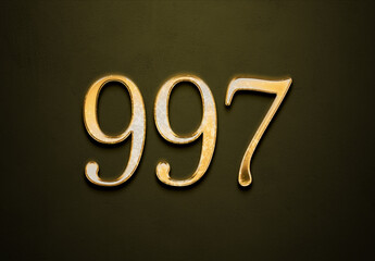 Old gold effect of 997 number with 3D glossy style Mockup.	