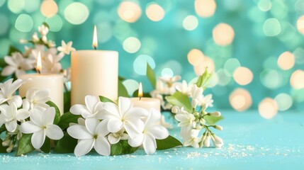   Two white candles sit atop a blue table, adorned with white flowers