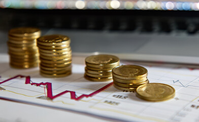 finance graphs and stacks coins on the background of a laptop. Business concept economic Investment financial planning