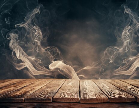 Misty Smoke Rising Over Rustic Wooden Table on Dark Grunge Background