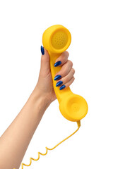 Yellow handset in woman hand isolated on white. Copy space.
