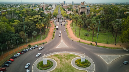 Roundabout in Park San Martin, in Mendoza, Argentina. Aerial view.