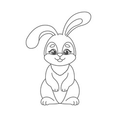 Cute hare with big ears sitting. Page for coloring. Black and white card.