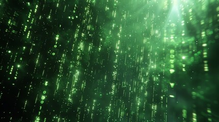 Digital falling lines in green on a background of binary hanging chains in abstract