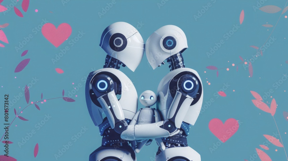 Poster Two robots are side by side, standing upright and facing the same direction in a neutral position.