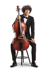 Young male artist sitting on a chair with a cello
