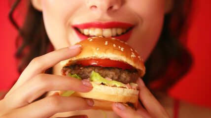 ハンバーガーを食べる女性の口元 赤色背景 - obrazy, fototapety, plakaty