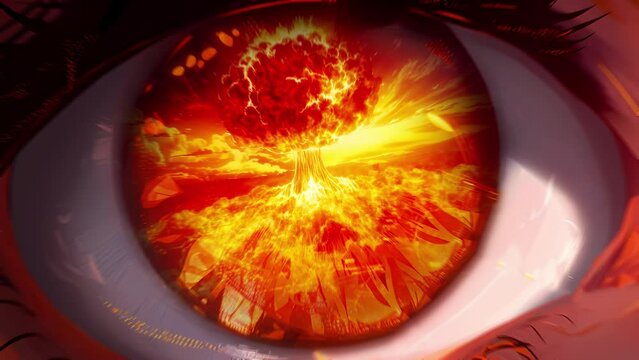 Nuclear explosion in the reflection of the pupil close-up of an anime character