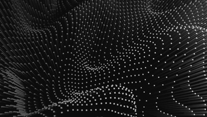 Abstract geometric curved area of ​​small bars Distorted space with 3D texture of dark, black and white space. 3D rendering.