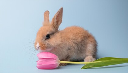 bunny with pink spring tulip flower on pastel blue studio background