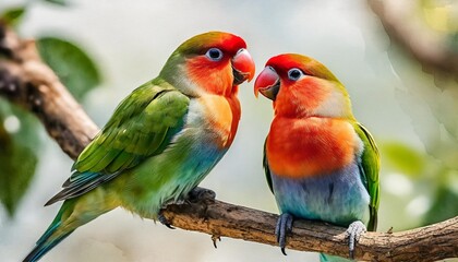 a pair of lovebirds on a branch watercolor soft edges vibrant colors ai generative