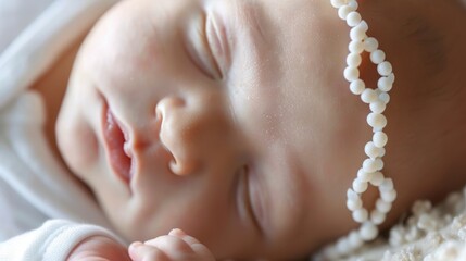 A close-up view of a baby wearing a necklace around their neck.