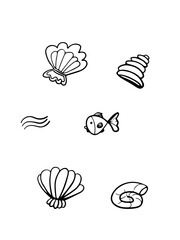 Sea set of shells and fish. Summer sticker set. Hand-drawn design elements.