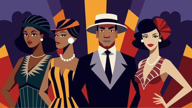 A nostalgic tribute to the fashion of the Harlem Renaissance with models donning stylish fedoras sequined flapper dresses and dapper zoot suits. Vector illustration