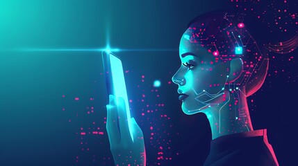 Artificial intelligence facilitates access to information and data on online networks through smartphones. Imagine an AI depicted as a female cyborg or bot emerging from the smartphone screen