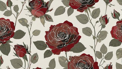 rose flowers seamless pattern on a light background vintage style hand drawn