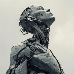 futuristic humanoid robot with mechanical parts, science fiction cyborg technology - obrazy, fototapety, plakaty