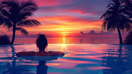 At sunset, a woman unwinds in the pool of a lavish beachfront hotel, savoring the ultimate beach getaway experience.
