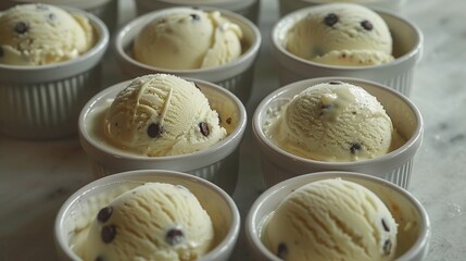   Close-up of multiple ice cream cups with chocolate chips on top and bottom