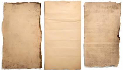 create a High Quality, 3 Old worn paper sheet ,on white background