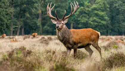 Naklejka na ściany i meble red deer stag in rutting season in the forest of national park hoge veluwe in the netherlands