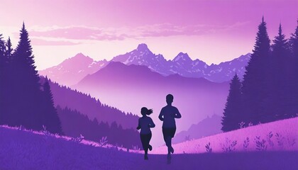 silhouette of boy and girl jogging forest meadow mountains horizontal landscape banner violet...
