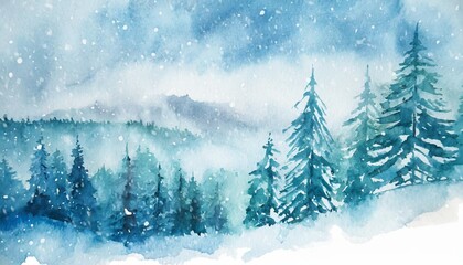 watercolor blue winter landscape of foggy forest hill wild nature frozen misty taiga horizontal watercolor background evergreen coniferous trees in snowfall