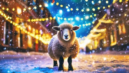 a little cute sheep stands on a snow covered street against the background of colored lights generative ai - Powered by Adobe
