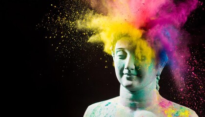 statue head with colorful rainbow holi paint powder explosion