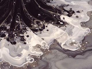 Arrière-plan abstrait tye and dye blanc et noir avec veines argentées, effet de texture liquide, bulles ou textile