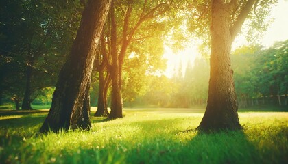 trees in the park with green grass and sunlight fresh green nature background