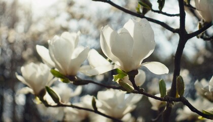 branch of magnolia in full blossom in morning light spring nature background in the park