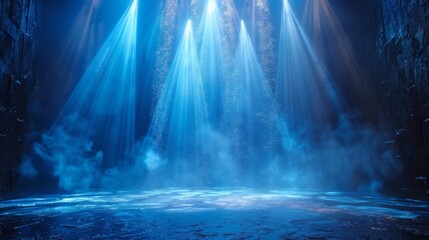Illuminated blue stage background. Divine radiance, God. Background for displaying products. Bright beams of spotlights, glittering particles, a point of light.