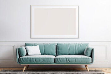 Poster mockup in modern coastal style living room interior with sofa. Frame mock up, blank artwork template