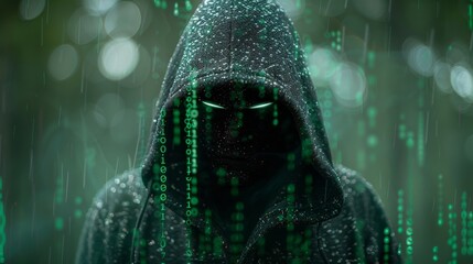 An anonymous computer hacker is hooded, holding a binary code on a green background. An activist group of anonymous hackers is stealing data from computer systems, hackers are on a green background.