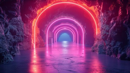 A neon tunnel, an arcade, and a stage. Abstract technology background, virtual reality. A pink, blue, purple, and neon square arch, perspective. A bright ultraviolet glow. Modern illustration.