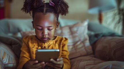 A young girl sitting on a couch, engrossed in a tablet screen in front of her.