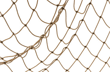 Naklejka premium Torn Football or tennis net. Rope mesh on a white background close-up
