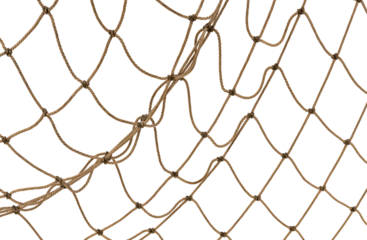 Torn Football or tennis net. Rope mesh on a white background close-up
