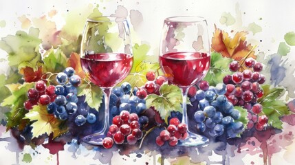Two watercolor wine glasses with red wine and watercolor grapes in the background