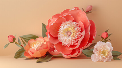 A blooming large peony flower with two small flowers on the side, on a beige background.
