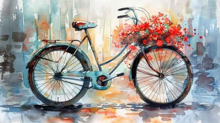 Fototapeta na wymiar A watercolor painting of a bicycle with a basket full of red flowers. The background is a wash of light blue and yellow.