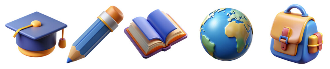 School and education icons 3d render vector set. School bag, globe, open book, pencil,  graduation hat, 