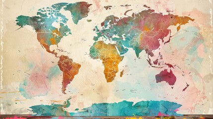 A watercolor painting of the world map in muted colors.