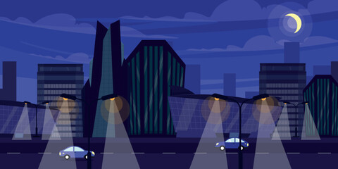 Vector illustration of an evening cityscape. Cartoon scene of the incredible evening landscape of modern city with futuristic houses, roads, cars, sidewalks, moon in dark sky, street lamps with light.