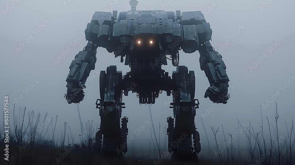 Poster A large robot standing in the middle of a foggy field