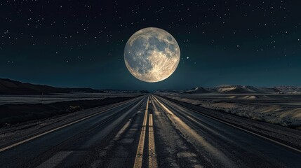 Road to the moon in the desert: A surreal landscape of a highway leading to a full moon over a barren desert at night